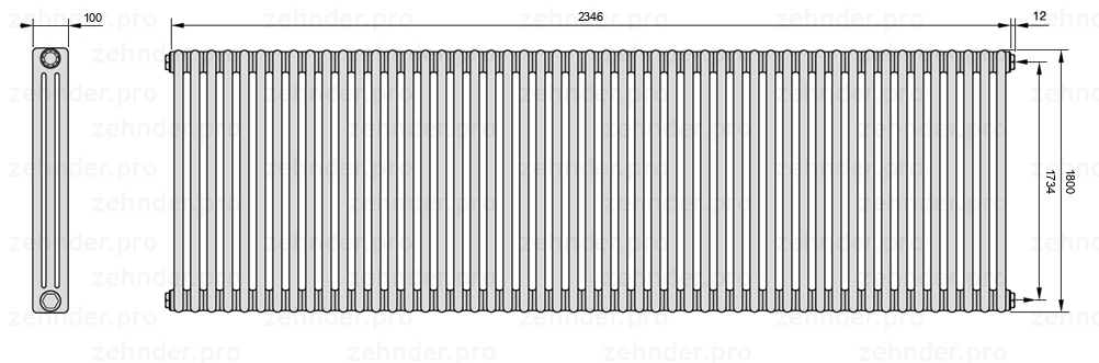 Схема (чертеж) Радиатор Zehnder Charleston 3180/51 №7610 Белый глянцевый RAL 9016